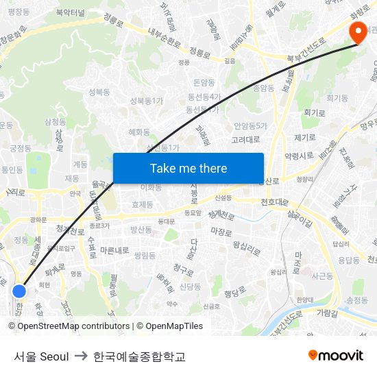 서울 Seoul to 한국예술종합학교 map