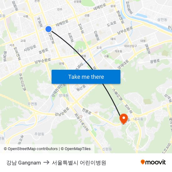 강남 Gangnam to 서울특별시 어린이병원 map