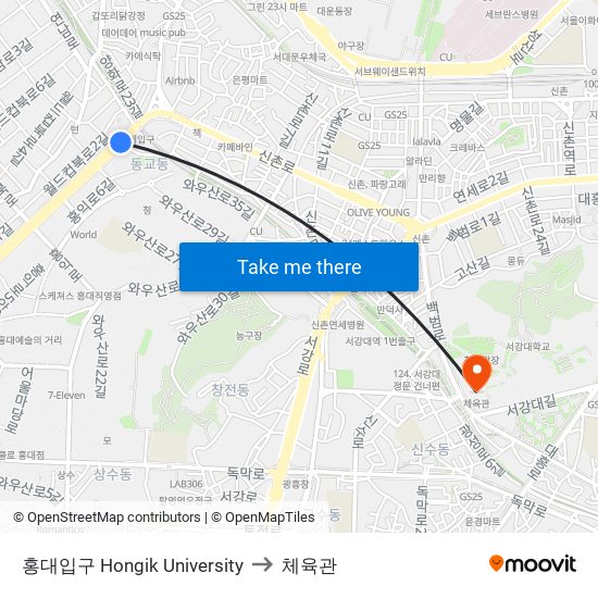 홍대입구 Hongik University to 체육관 map