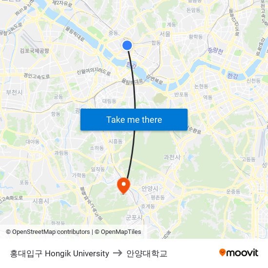 홍대입구 Hongik University to 안양대학교 map