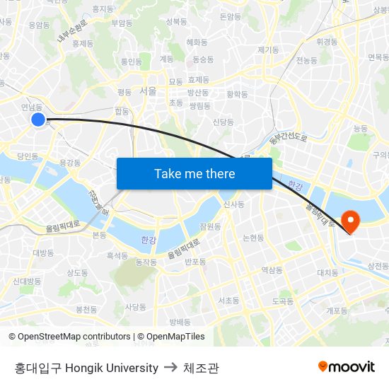 홍대입구 Hongik University to 체조관 map