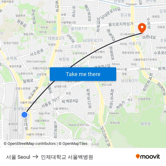 서울 Seoul to 인제대학교 서울백병원 map