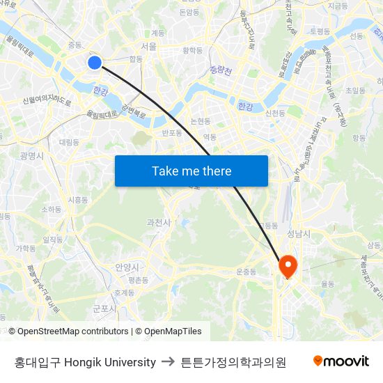 홍대입구 Hongik University to 튼튼가정의학과의원 map