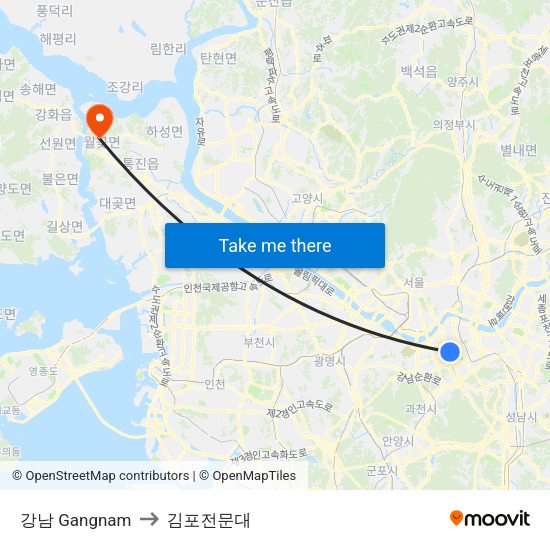강남 Gangnam to 김포전문대 map
