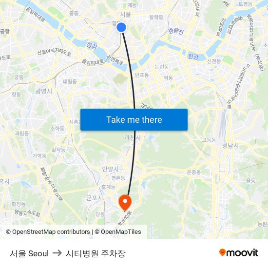 서울 Seoul to 시티병원 주차장 map