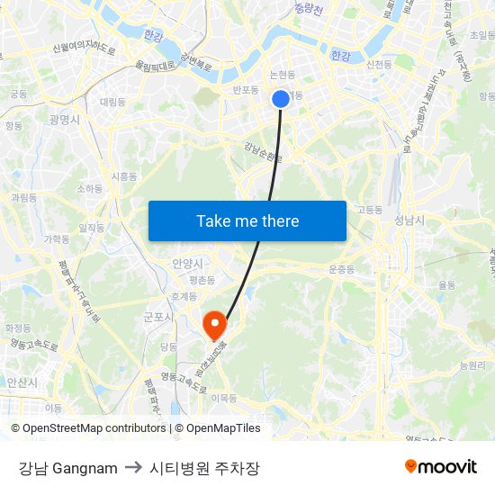 강남 Gangnam to 시티병원 주차장 map