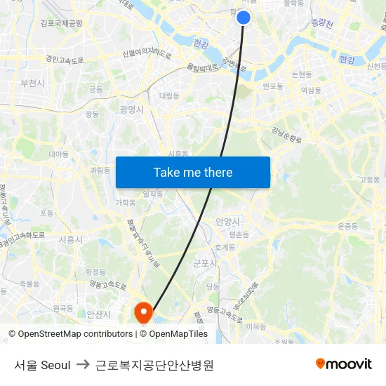서울 Seoul to 근로복지공단안산병원 map