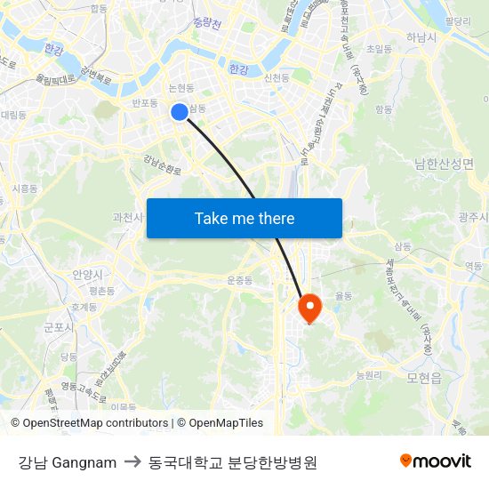 강남 Gangnam to 동국대학교 분당한방병원 map
