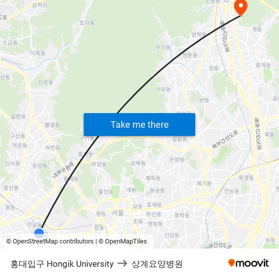 홍대입구 Hongik University to 상계요양병원 map