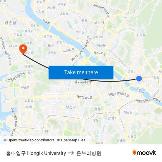 홍대입구 Hongik University to 온누리병원 map