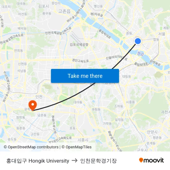 홍대입구 Hongik University to 인천문학경기장 map