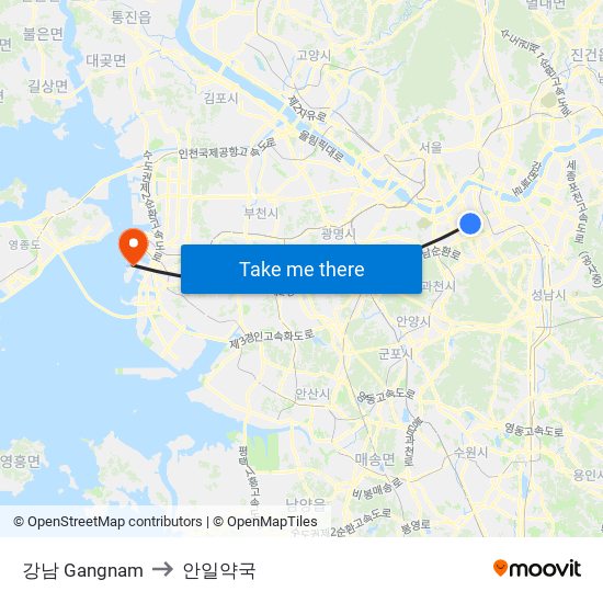 강남 Gangnam to 안일약국 map