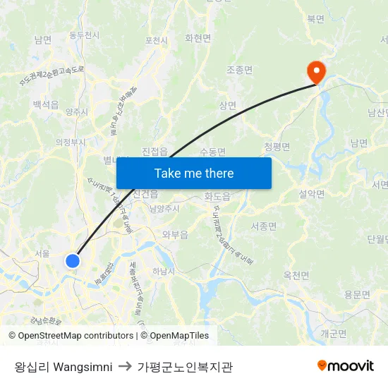 왕십리 Wangsimni to 가평군노인복지관 map