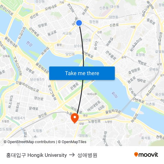 홍대입구 Hongik University to 성애병원 map