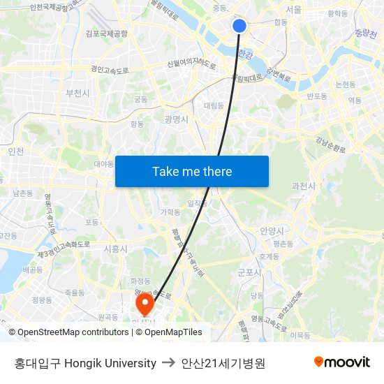 홍대입구 Hongik University to 안산21세기병원 map