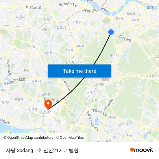 사당 Sadang to 안산21세기병원 map