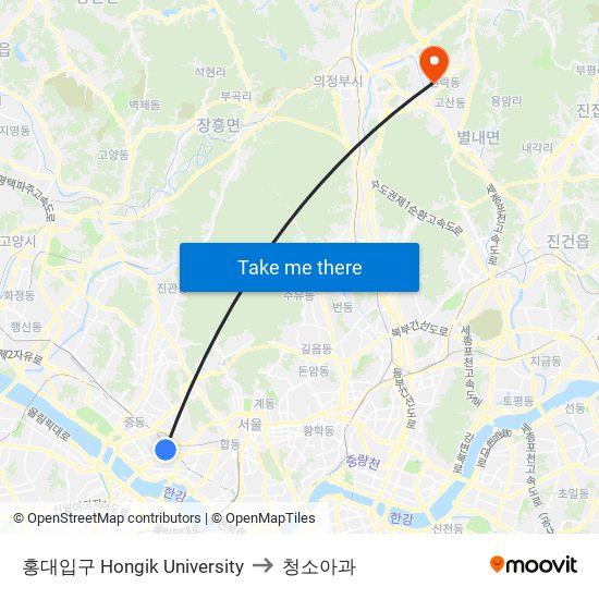 홍대입구 Hongik University to 청소아과 map