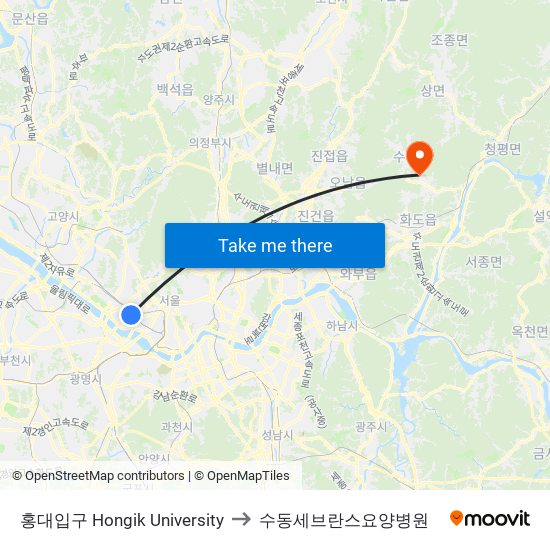 홍대입구 Hongik University to 수동세브란스요양병원 map