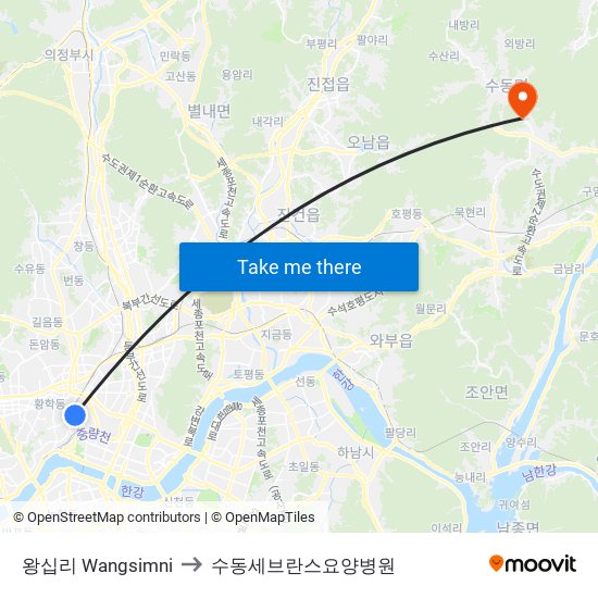 왕십리 Wangsimni to 수동세브란스요양병원 map