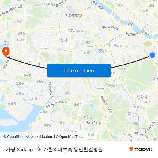 사당 Sadang to 가천의대부속 동인천길병원 map