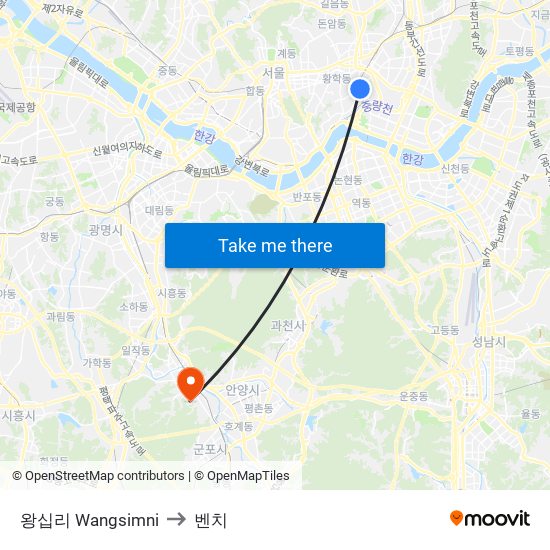 왕십리 Wangsimni to 벤치 map