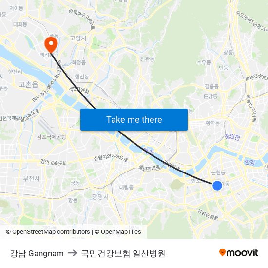 강남 Gangnam to 국민건강보험 일산병원 map