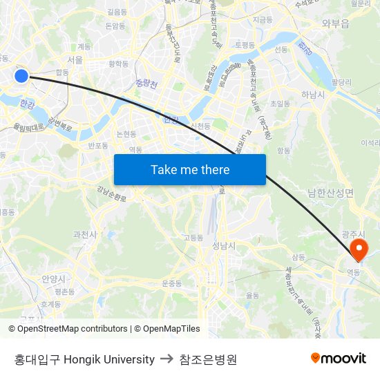 홍대입구 Hongik University to 참조은병원 map