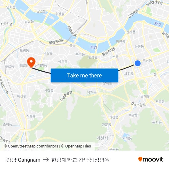 강남 Gangnam to 한림대학교 강남성심병원 map