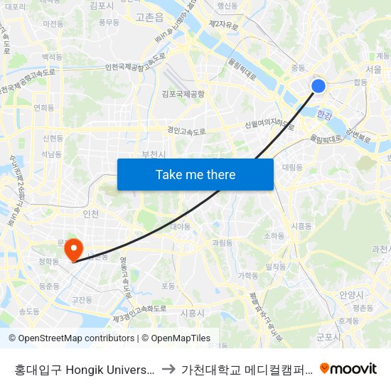 홍대입구 Hongik University to 가천대학교 메디컬캠퍼스 map