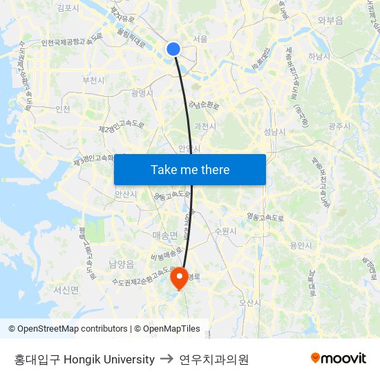 홍대입구 Hongik University to 연우치과의원 map
