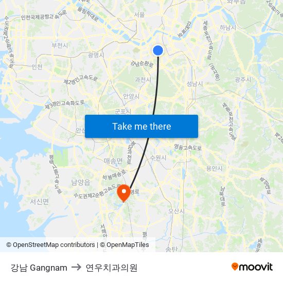 강남 Gangnam to 연우치과의원 map