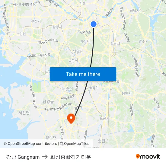 강남 Gangnam to 화성종합경기타운 map