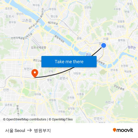 서울 Seoul to 병원부지 map