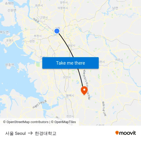 서울 Seoul to 한경대학교 map