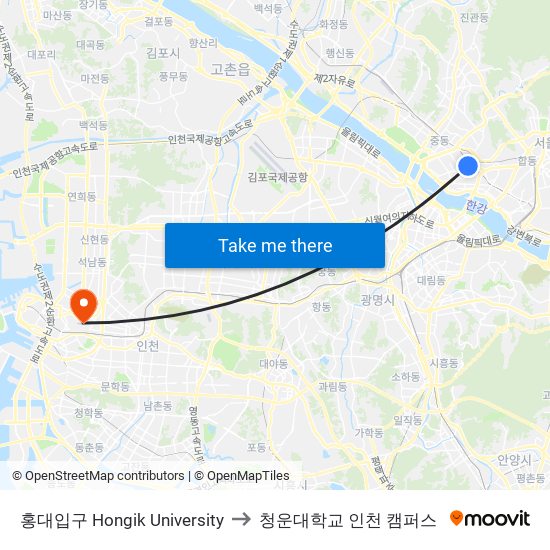 홍대입구 Hongik University to 청운대학교 인천 캠퍼스 map