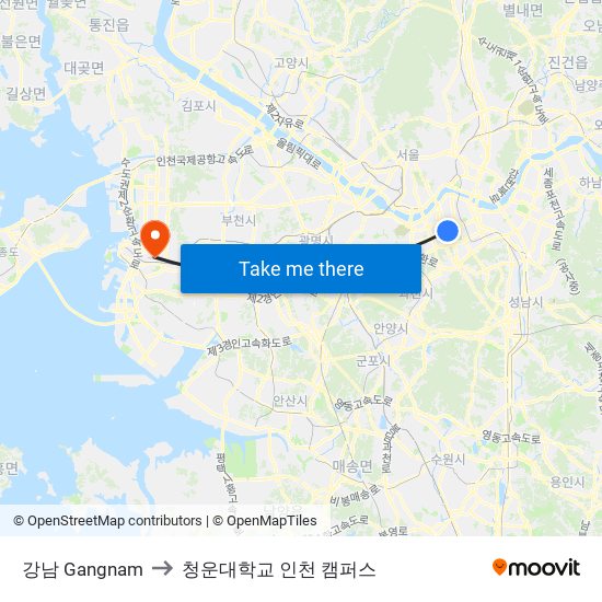 강남 Gangnam to 청운대학교 인천 캠퍼스 map