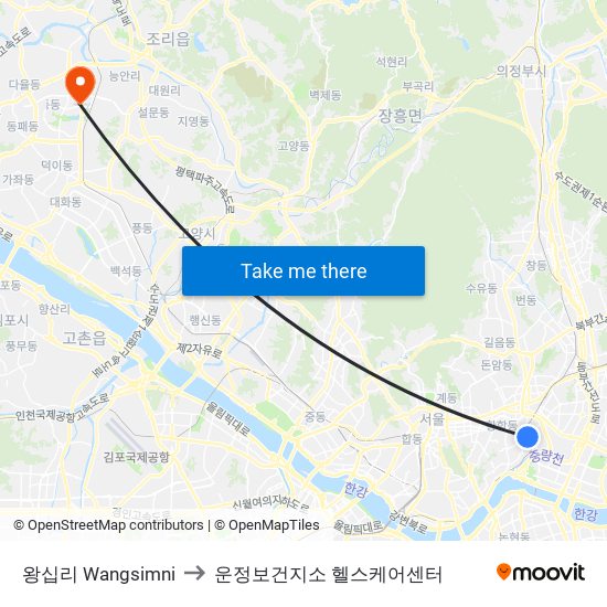 왕십리 Wangsimni to 운정보건지소 헬스케어센터 map