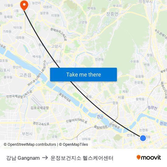 강남 Gangnam to 운정보건지소 헬스케어센터 map