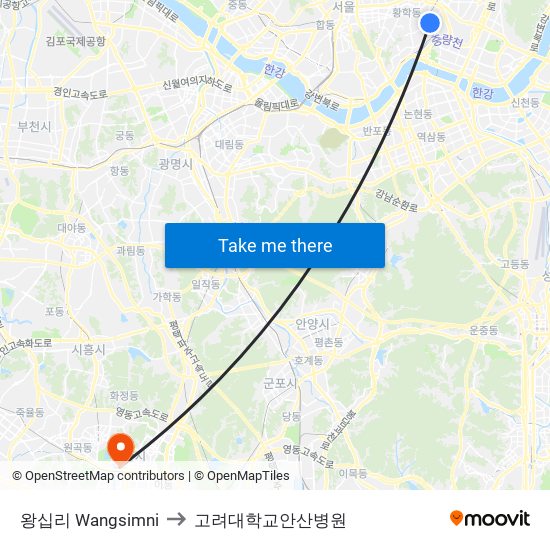 왕십리 Wangsimni to 고려대학교안산병원 map