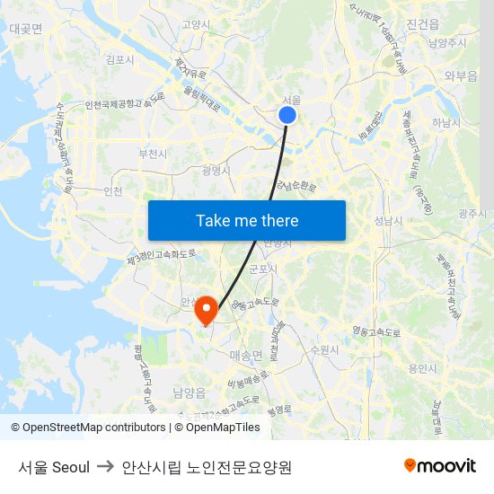 서울 Seoul to 안산시립 노인전문요양원 map