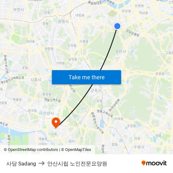 사당 Sadang to 안산시립 노인전문요양원 map