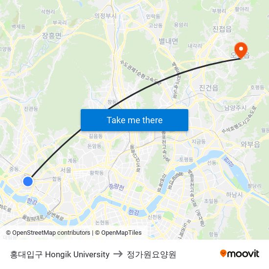 홍대입구 Hongik University to 정가원요양원 map