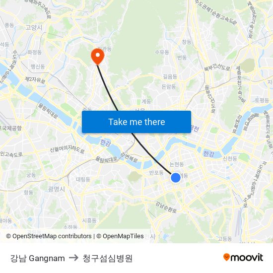 강남 Gangnam to 청구섬심병원 map