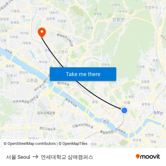 서울 Seoul to 연세대학교 삼애캠퍼스 map