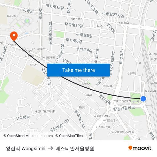 왕십리 Wangsimni to 베스티안서울병원 map