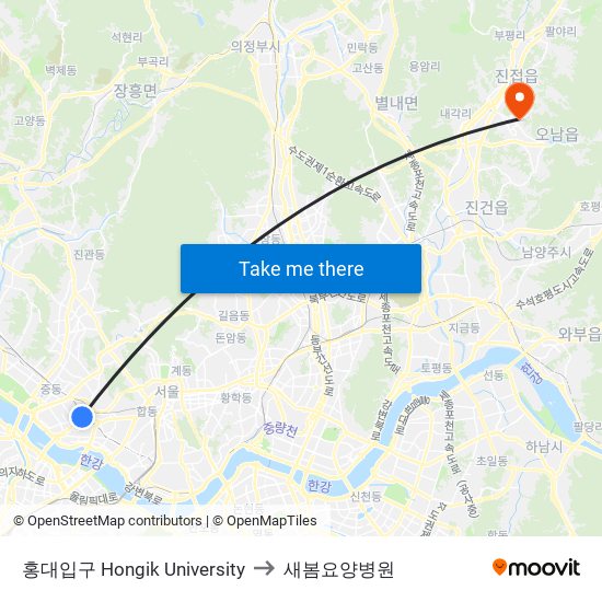 홍대입구 Hongik University to 새봄요양병원 map