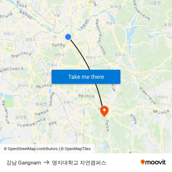 강남 Gangnam to 명지대학교 자연캠퍼스 map