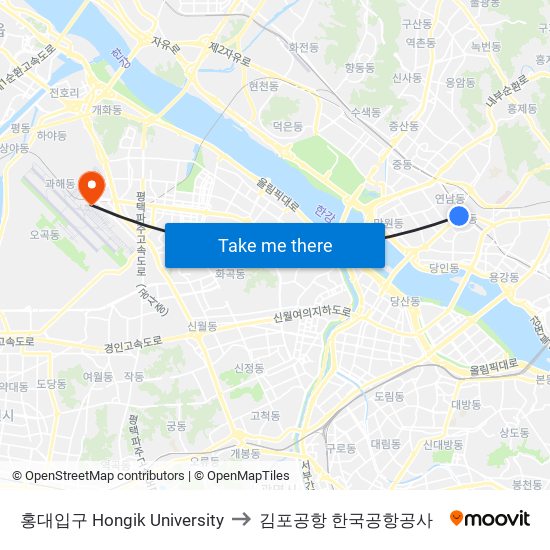 홍대입구 Hongik University to 김포공항 한국공항공사 map