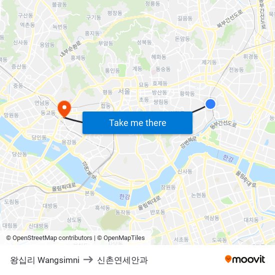 왕십리 Wangsimni to 신촌연세안과 map