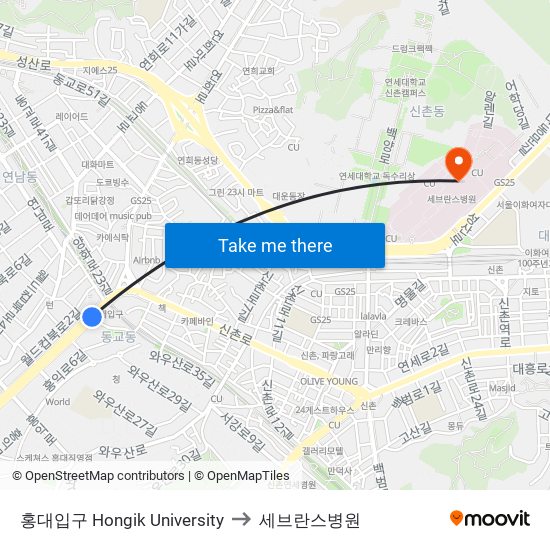 홍대입구 Hongik University to 세브란스병원 map